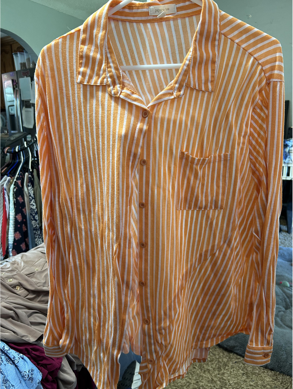 paper + tee Women's 3X Orange and White Striped Button-Up Blouse